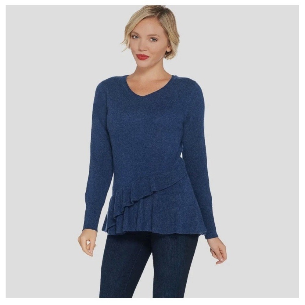 Isaac Mizrahi‎ Live Cashmere Sweater Size L Blue Layered Ruffle Hem Scoop NWOT